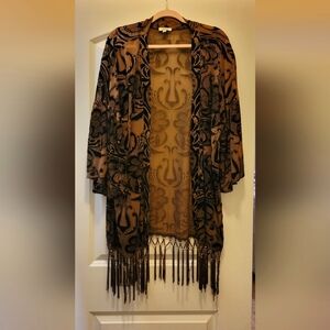 Umgee Tan and Black Kimono M/L Textured Hippie Boho Tassles Burnout Velvet
